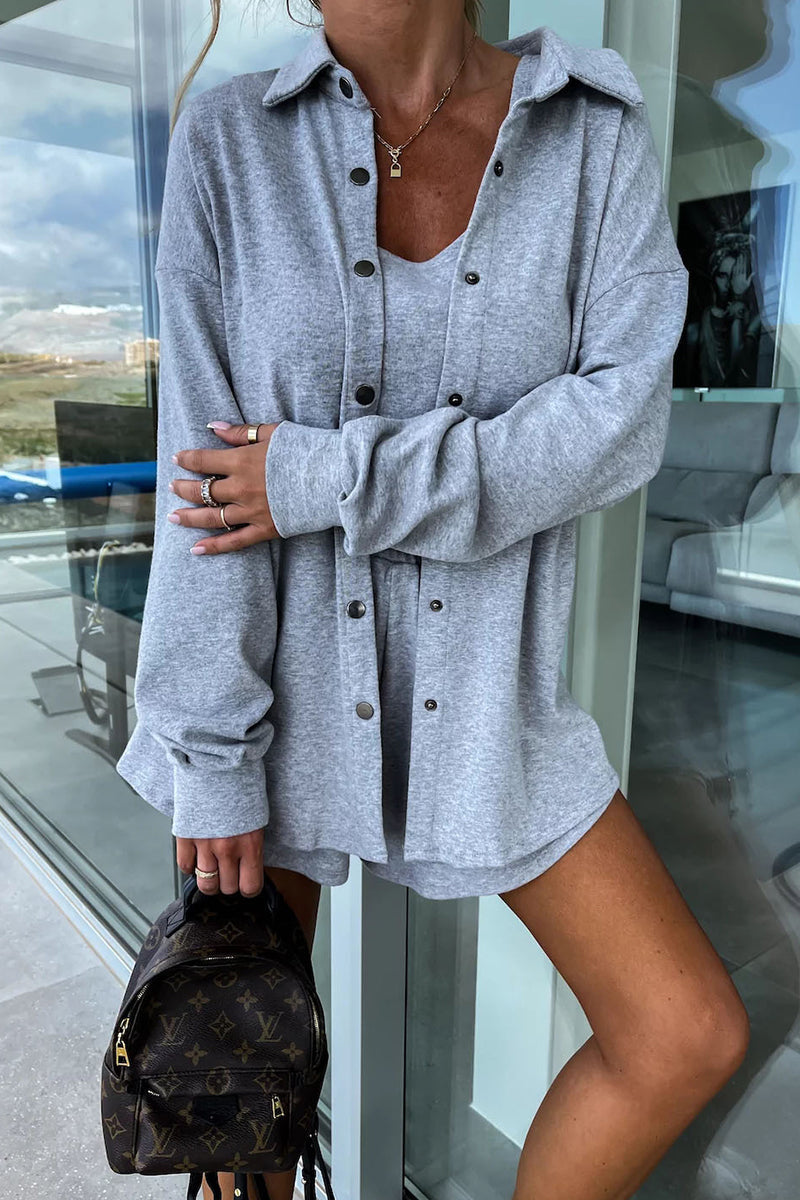 Casual Vacation Solid Pocket Turndown Collar Long Sleeve Two Pieces