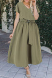 Casual Solid With Belt V Neck Waist Skirt Short Sleeve Dress(6 Colors)