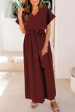 Casual Solid With Belt V Neck Waist Skirt Short Sleeve Dress(6 Colors)
