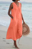 Vestidos informales con falda tipo pastel y cuello en V con hebilla sólida (7 colores)