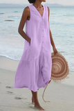 Vestidos informales con falda tipo pastel y cuello en V con hebilla sólida (7 colores)