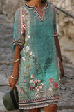 Vestidos casuais boêmios com estampa o pescoço manga curta (4 cores)