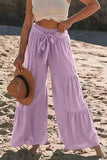 Casual vacaciones sólido vendaje pliegue suelto cintura alta pierna ancha pantalones de color sólido