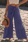 Casual vacaciones sólido vendaje pliegue suelto cintura alta pierna ancha pantalones de color sólido