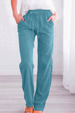 Casual diário sólido bolso solto cintura média reta calças de cor sólida