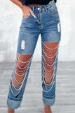 Street Solid Ripped Chains Jeans Soltos