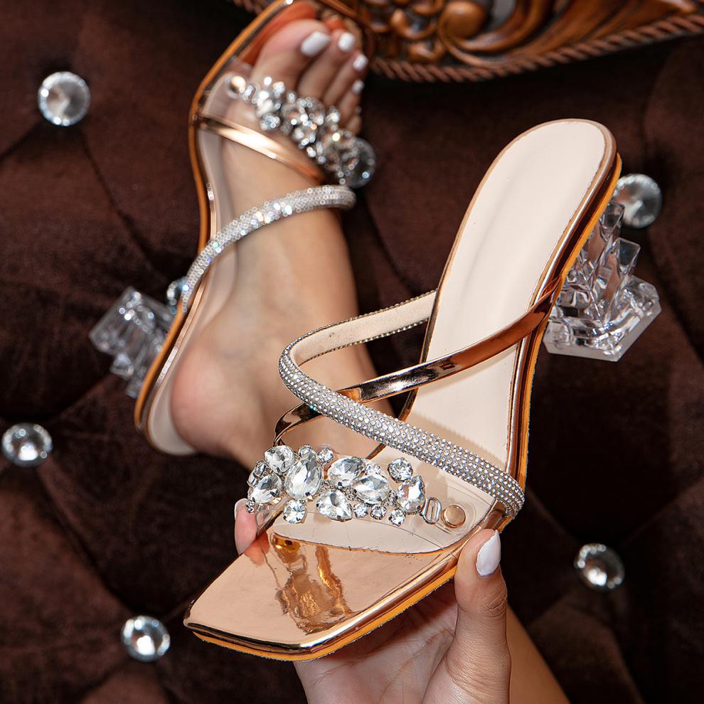 Zapatos casuales con cuña para puerta cuadrada con diamantes de imitación y retazos (altura del tacón 3,15 pulgadas)