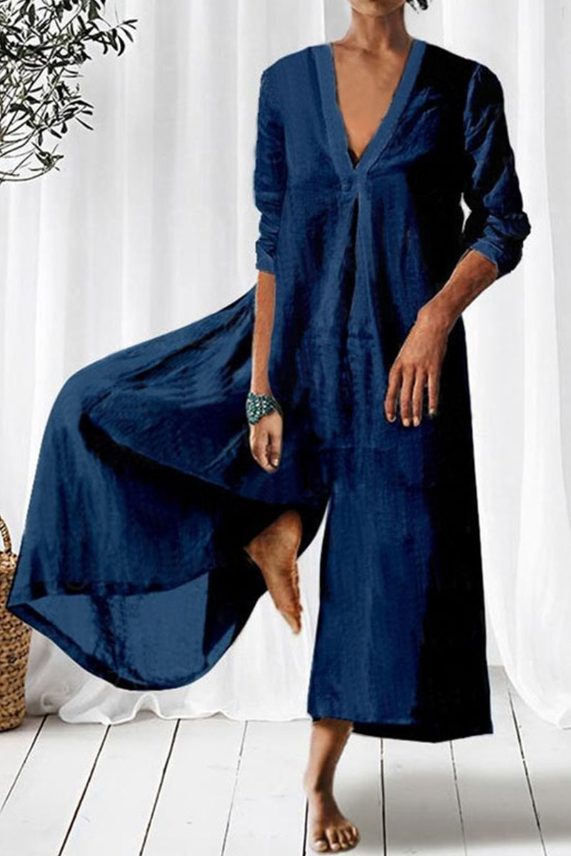 Casual Simplicity Solid Fold V Neck Loose Jumpsuits