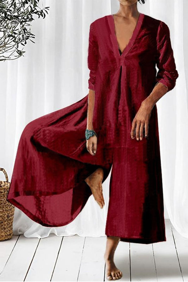 Casual Simplicity Solid Fold V Neck Loose Jumpsuits
