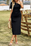 Celebrities Elegant Solid Asymmetrical Oblique Collar A Line Dresses(5 Colors)