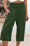 Casual simplicidad bolsillo sólido suelto cintura alta pierna ancha pantalones de color sólido