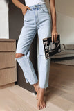 Jeans de mezclilla regulares de cintura alta rasgados sólidos de calle casual