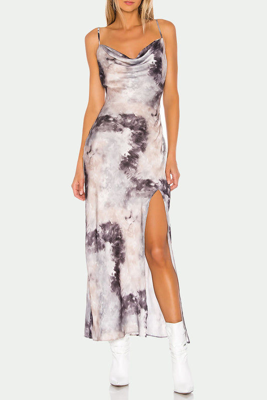 Elegant Print Slit Asymmetrical Collar Sling Dress Dresses