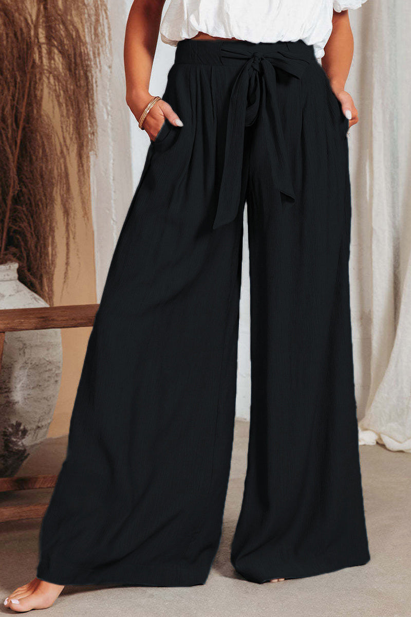 Casual Solid Pocket Frenulum Loose High Waist Wide Leg Solid Color Bottoms