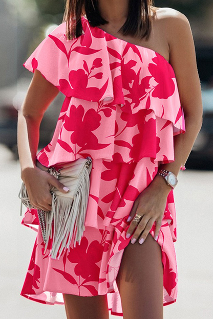 Casual Elegant Print Flounce Oblique Collar Asymmetrical Dresses