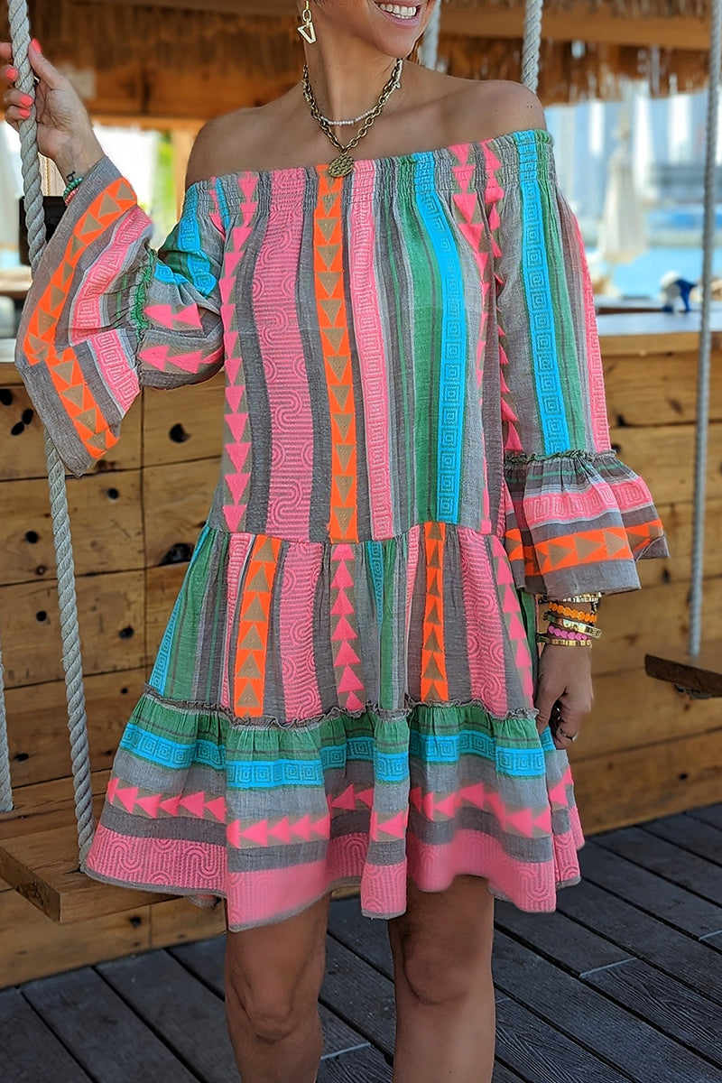 Vestidos casuais de férias em bloco colorido com contraste nos ombros