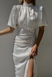 Vestidos elegantes con falda de un solo paso y cuello alto con pliegues sólidos (6 colores)