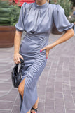 Vestidos elegantes de saia sólida com meia gola alta e saia de um passo (6 cores)