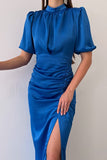 Vestidos elegantes con falda de un solo paso y cuello alto con pliegues sólidos (6 colores)