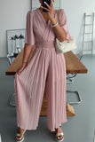 Casual Solid Fold V Neck Loose Jumpsuits(3 Colors)