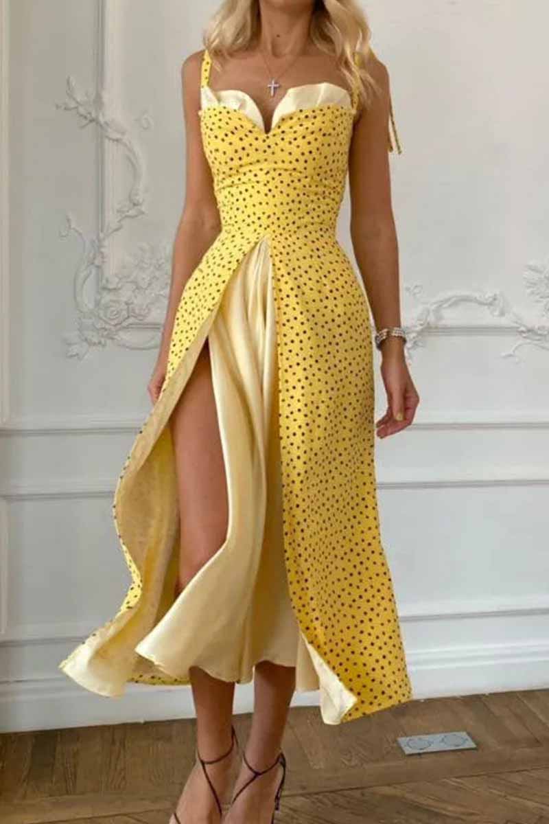 Elegante estampa sólida patchwork fenda decote em V vestidos linha A