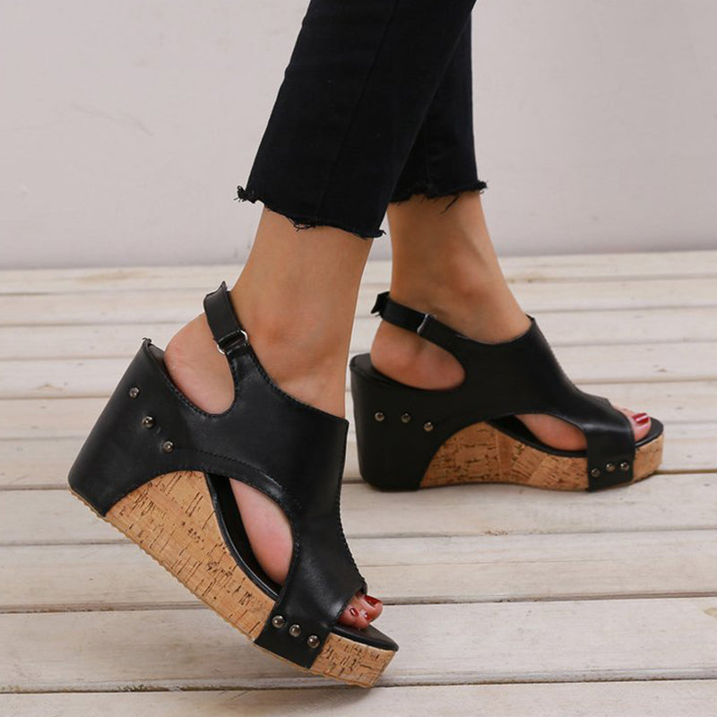 Casual Simplicity Patchwork Fish Mouth Wedges Shoes