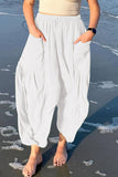 Casual simplicidad bolsillo sólido suelto cintura media pierna ancha pantalones de color sólido