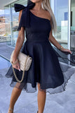 Elegant Solid Mesh Oblique Collar A Line Dresses(4 Colors)