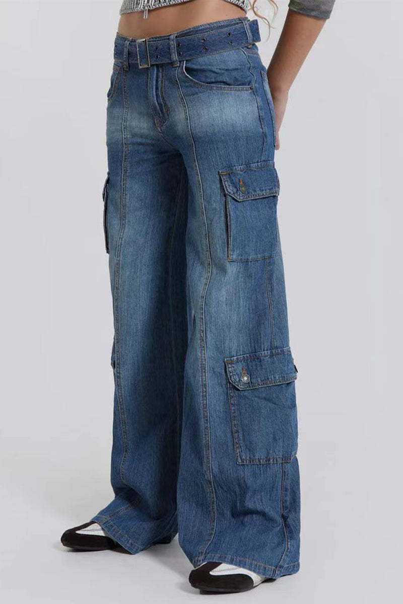Street Solid Make Old Pocket Pantalones sueltos de cintura baja rectos de color sólido