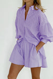 Casual Striped Patchwork Pocket Turndown Collar Long Sleeve Two Pieces