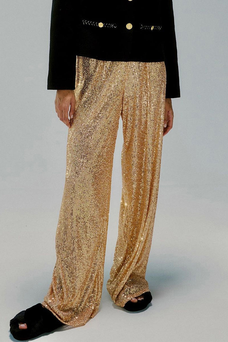Casual British Style Solid Sequins Loose Low Waist Straight Solid Color Bottoms