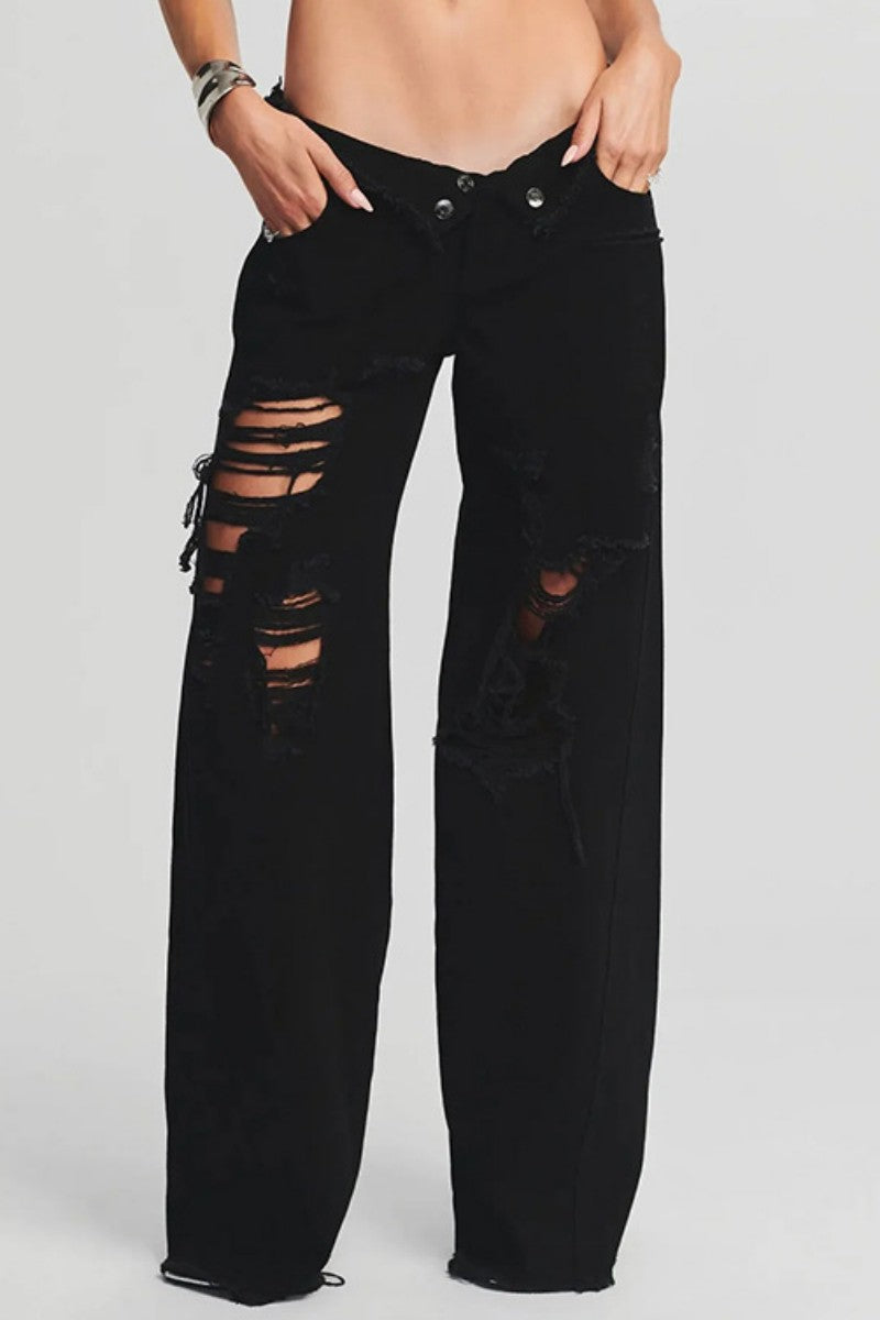 Casual Solid Ripped Patchwork Mid Waist Regular Denim Jeans (Subject To The Actual Object)