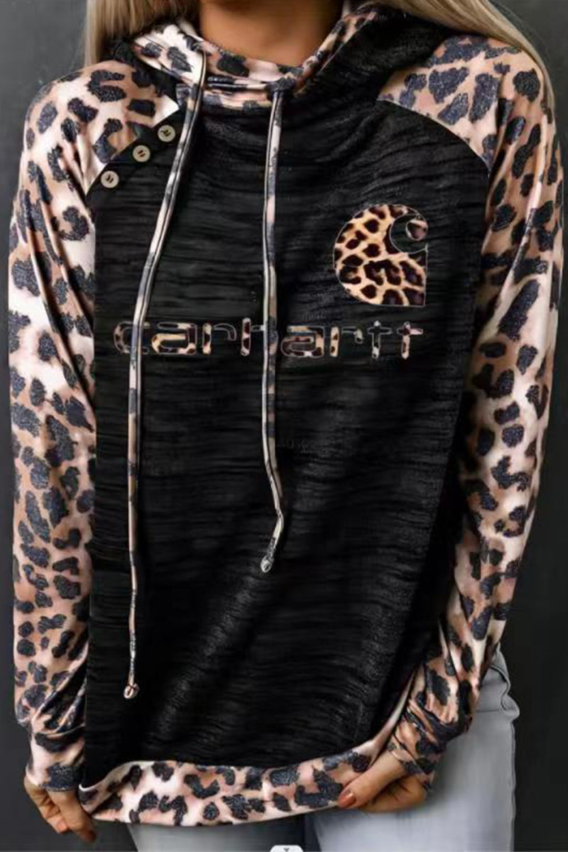 Tops casuales con cuello con capucha y botones de patchwork de leopardo