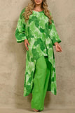 Casual Floral Asymmetrical O Neck Long Sleeve Two Pieces(4 Colors)