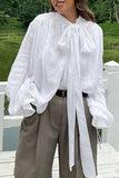 Estilo británico elegante sólido con blusas con cuello de cinta y lazo