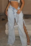 Sexy Sportswear Sólido Strass Cintura Alta Solta Jeans Jeans