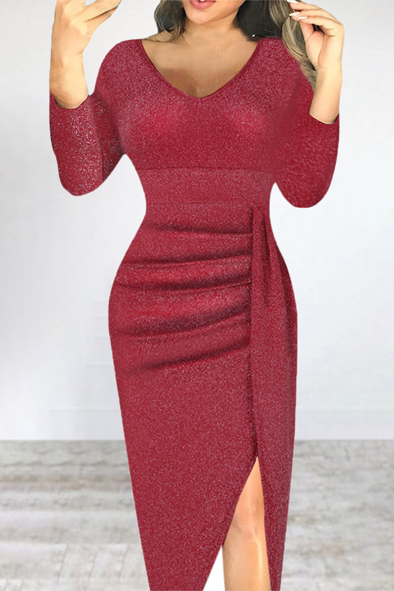 Elegant Solid Fold Sequined V Neck Irregular Dress Dresses