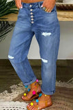 Jeans de mezclilla sueltos de cintura baja con hebilla rasgada sólida casual de calle (4 colores)