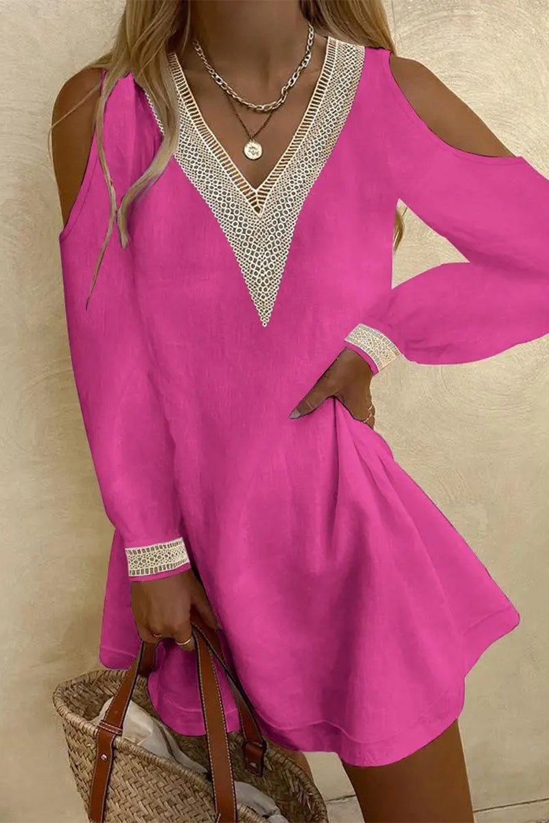Vestidos de falda de un solo paso con cuello en V de encaje sólido elegante e informal (4 colores)