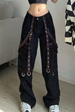 Vaqueros de mezclilla sueltos de cintura baja con diseño de correa de parches lisos de punk callejero