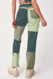 Casual Color Block Patch Contraste Cintura Média Jeans Regular (6 Cores)