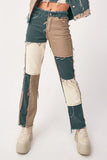 Casual Color Block Patch Contraste Cintura Média Jeans Regular (6 Cores)