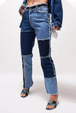 Jeans de mezclilla regulares con cintura media en contraste con parche de bloque de color informal (6 colores)
