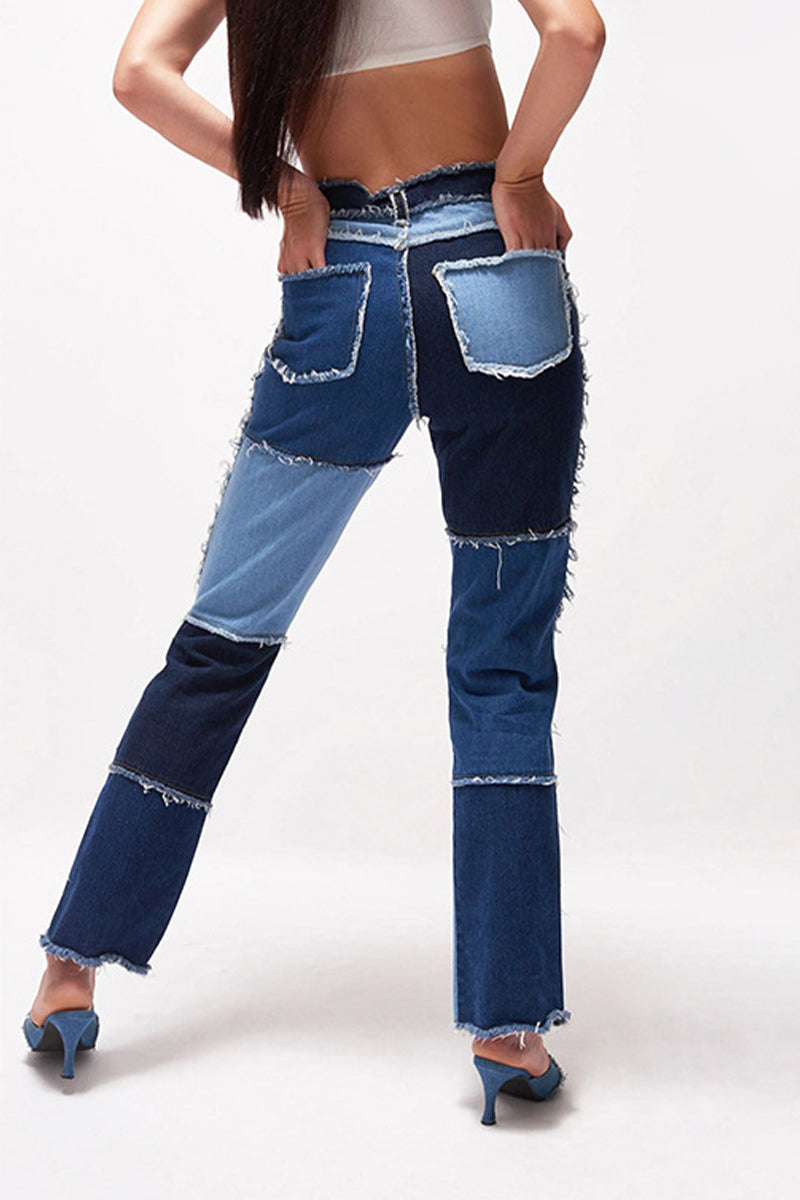 Casual Color Block Patch Contrast Mid Waist Regular Denim Jeans(6 Colors)