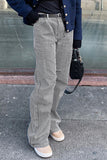 Pantalones informales con estampado completo, rectos, de cintura alta, sueltos, con bolsillo a rayas (sin cinturón)