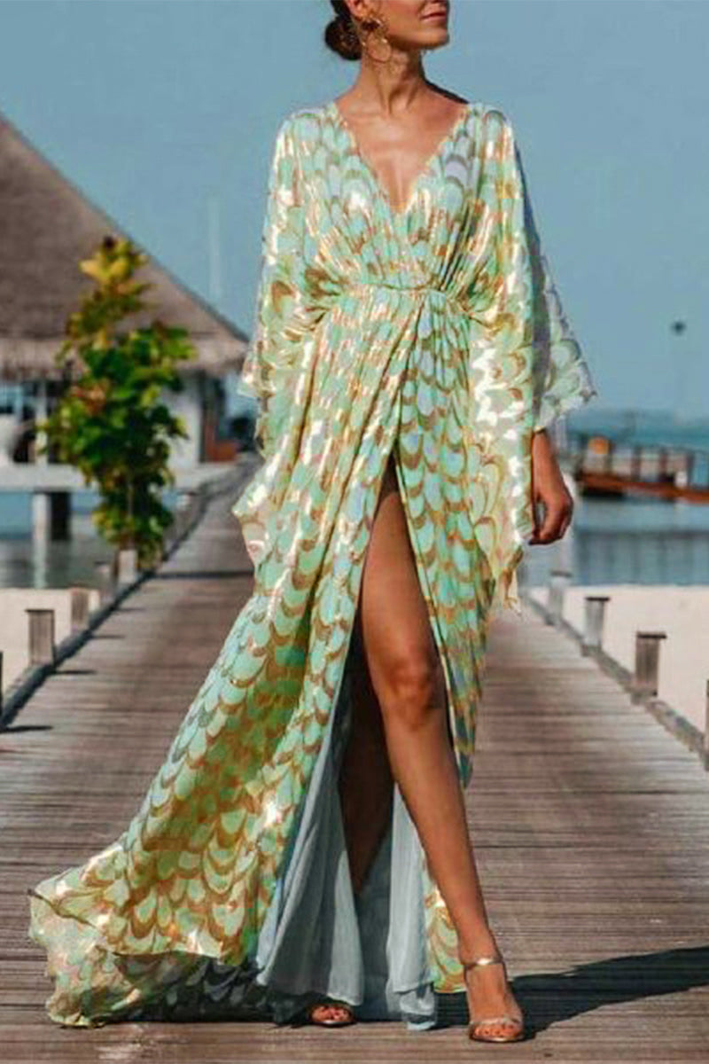 Sexy Elegant Print Printing V Neck Long Dress Dresses