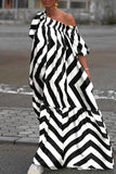 Casual Striped Contrast Off the Shoulder Printed Dresses