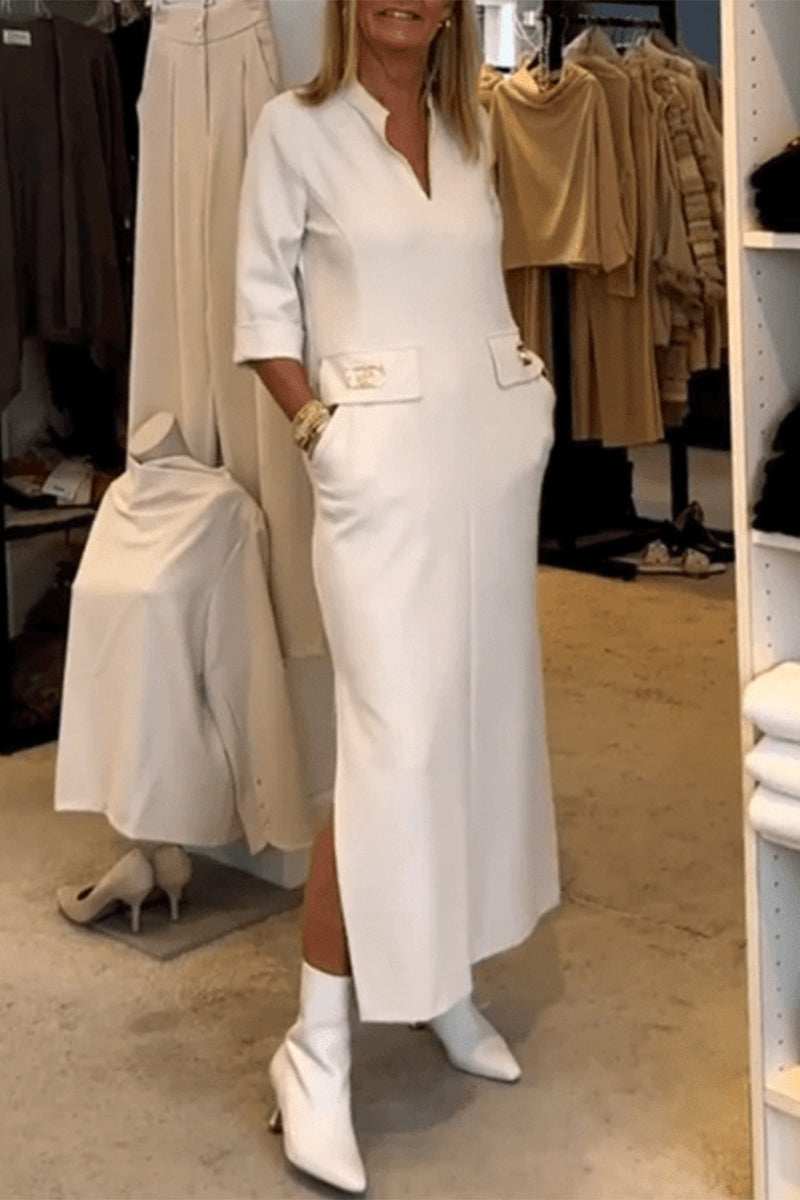 Elegant Simplicity Solid Pocket Turndown Collar One Step Skirt Dresses(3 Colors)