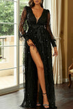 Elegant Formal Print Tassel Sequins High Opening V Neck Evening Dress Dresses