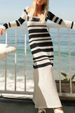 Casual férias listrado contraste gola quadrada vestidos de manga comprida